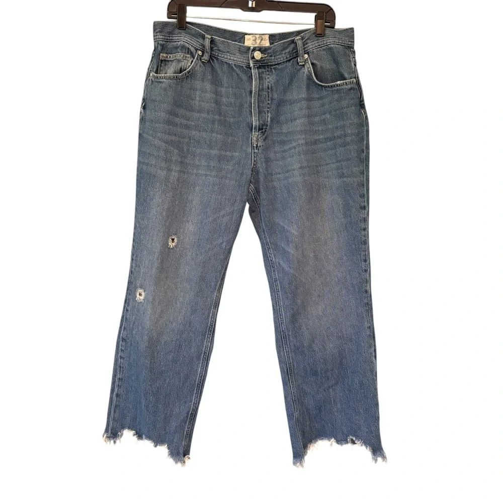 Free People Maggie Ripped Ankle Straight Leg Jeans In Sequoia Blue, Sz 32 - Picture 3 of 16